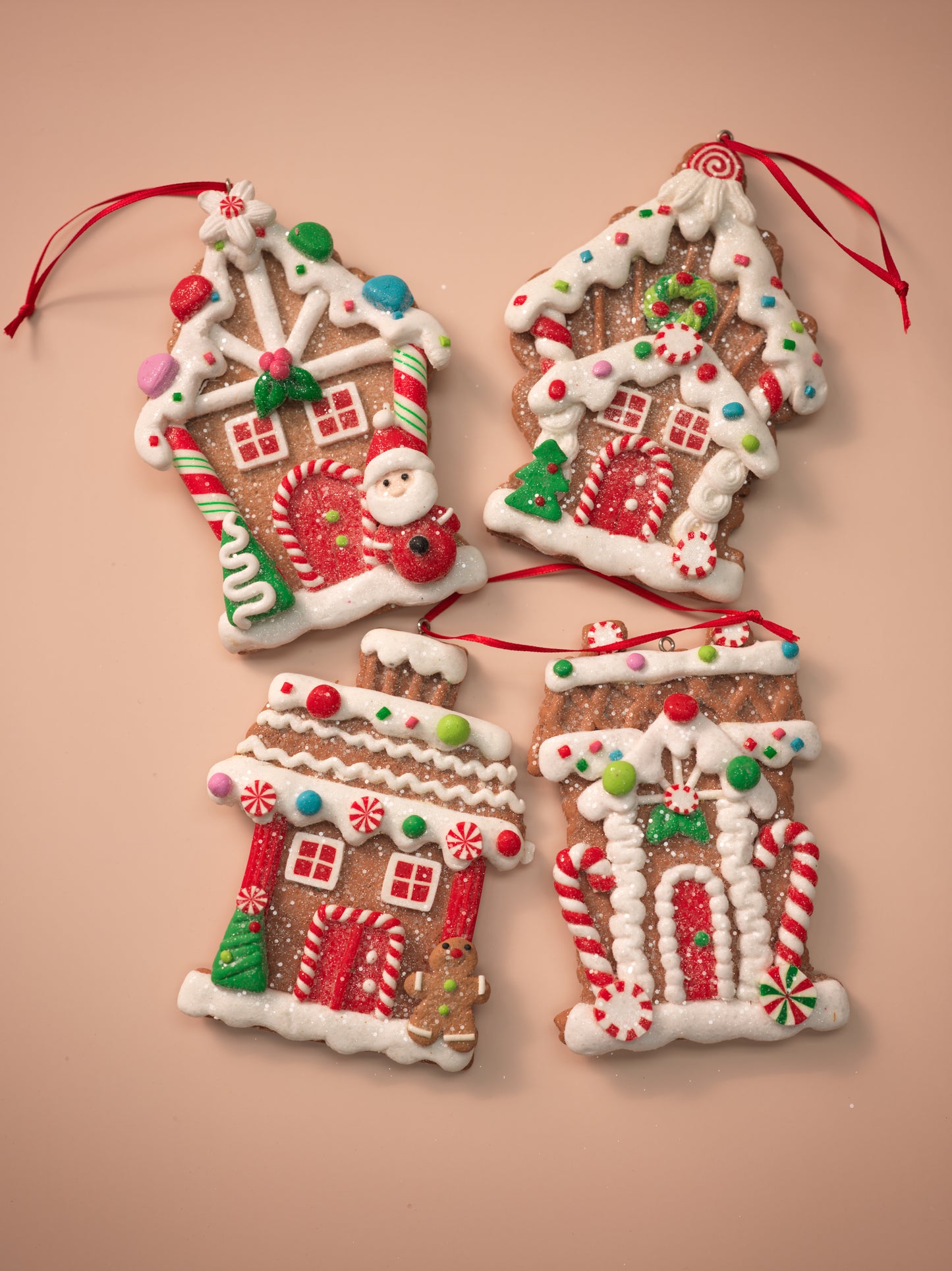 Flat Gingerbread House Ornaments with Santa & Candy Accents