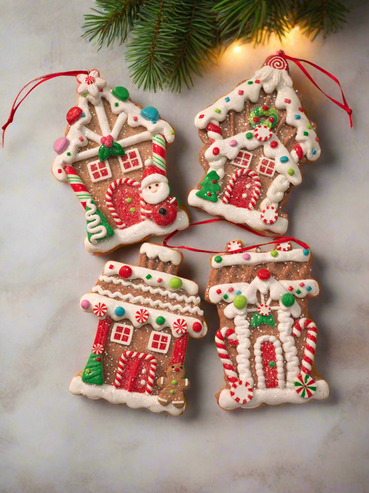 Flat Gingerbread House Ornaments with Santa & Candy Accents