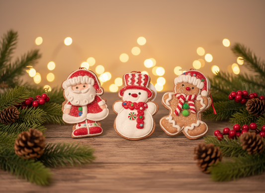 Three Christmas-themed decorations shaped like a Santa Claus, snowman, and gingerbread man on a beige background.