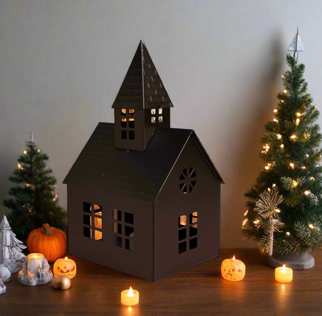 Black Metal Light-Up Church House