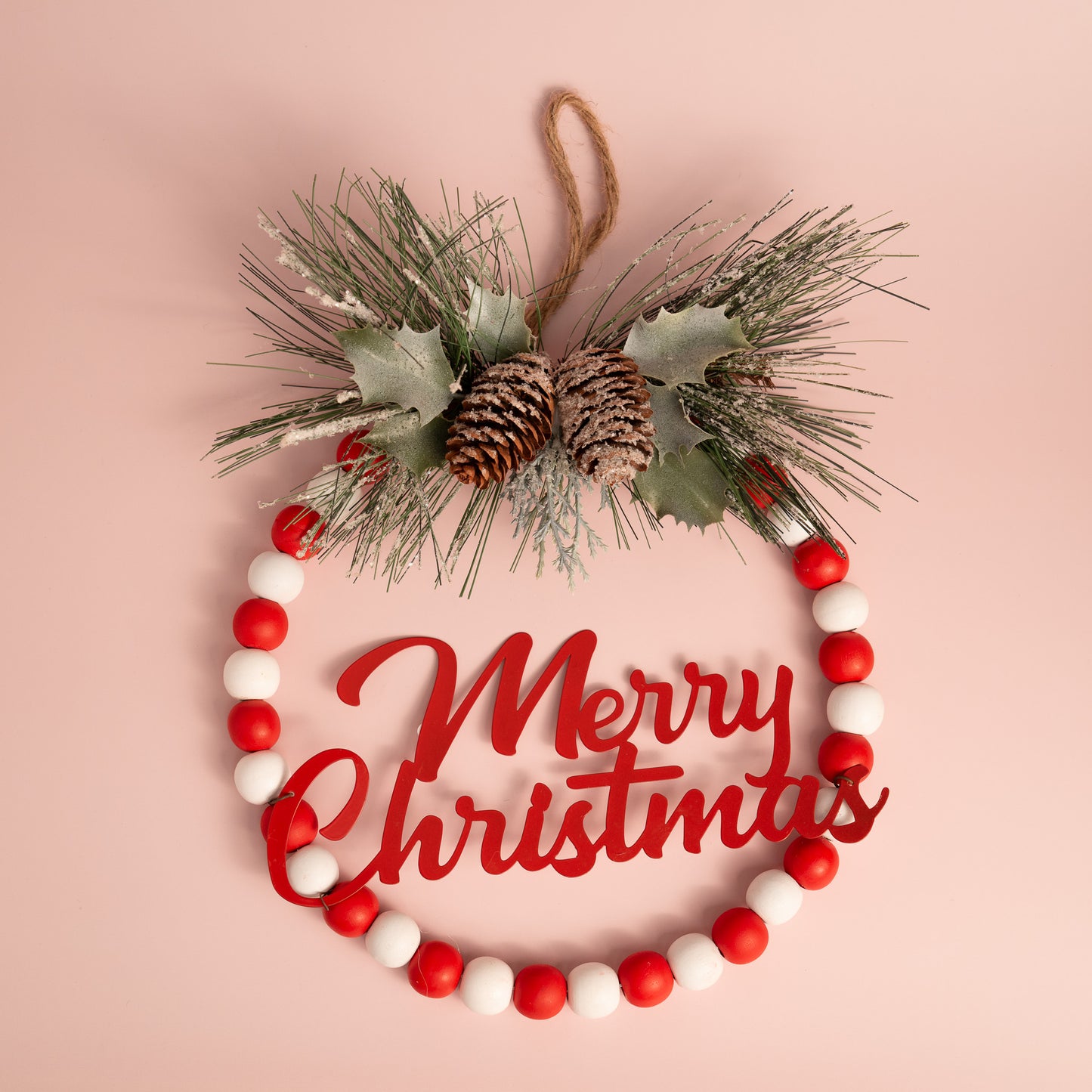 Wood Bead Merry Christmas Wall Decor with Pinecones