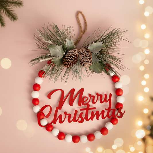 Wood Bead Merry Christmas Wall Decor with Pinecones