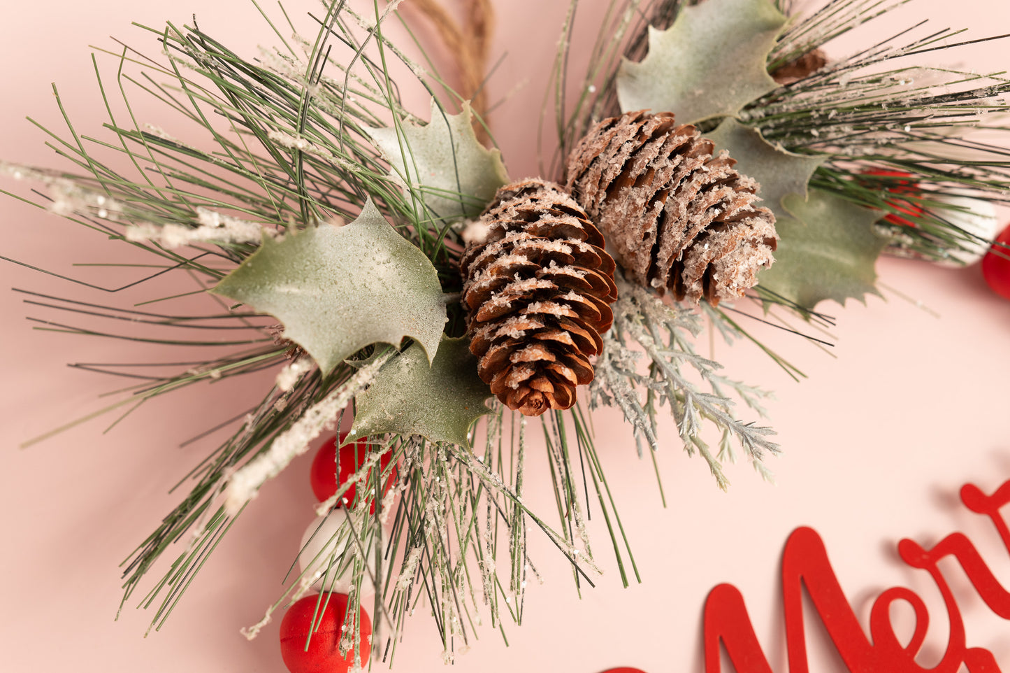 Wood Bead Merry Christmas Wall Decor with Pinecones