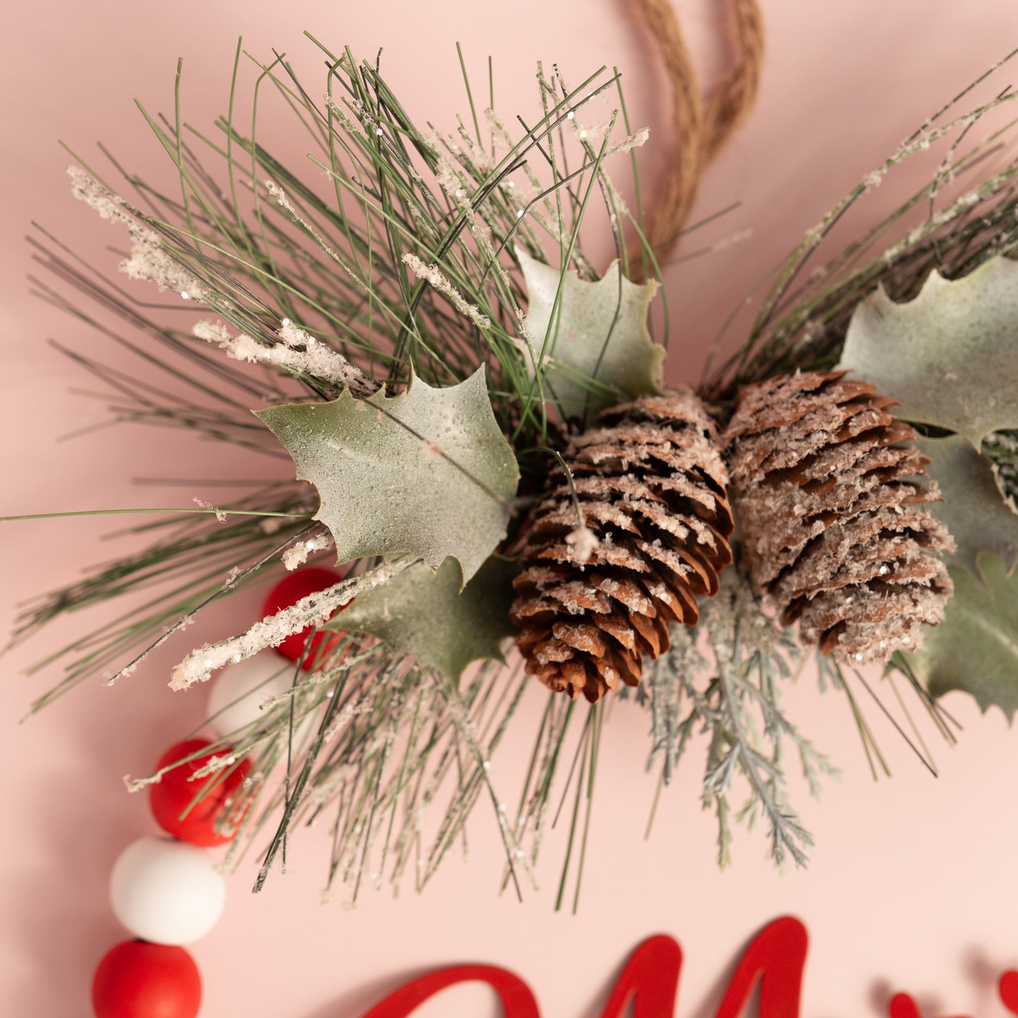 Wood Bead Merry Christmas Wall Decor with Pinecones
